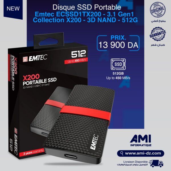 Disque SSD Portable – Emtec ECSSD512GX200 – 3.1 Gen1 – Collection X200 Power Plus – 3D NAND – 512 Gb