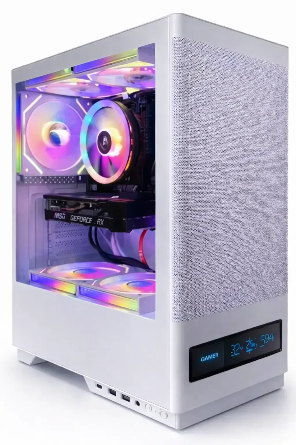 Boîtier Magma V8202 Gaming PC Case, Digital Screen, 3 Fans, USB-C, USB 3.0 (Black / White) – Image 2