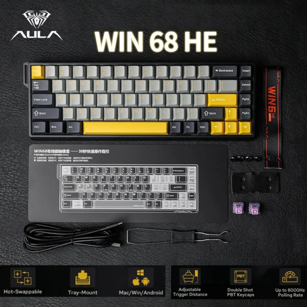 keyboard Gaming AULA WIN68 HE Max Gray - Yellow Magnetic Switch